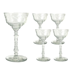 Zestaw 5 kieliszków Mid Century ROCK SHARPE & Libbey Tall Sherbet Coupe do szampana Vintage Floral Cordial Liquor Cocktail Stemware Prezenty
