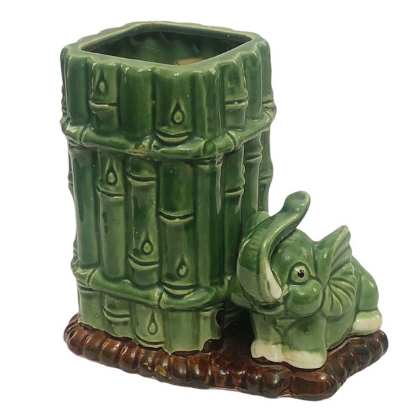 Vintage Lucky Elephant Boho Green Majolica Style Ceramic Desk Decor Animal Pillar Candle Holders Indoor Plant Pot Novelty Pottery Pen Holder