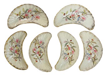 Antique Limoges Floral Bone China Bone Bowls Cottagecore Crescent Side Dishes Kidney Gold Edge Pink Flowers Jewelry Holders Gifts Set of 6