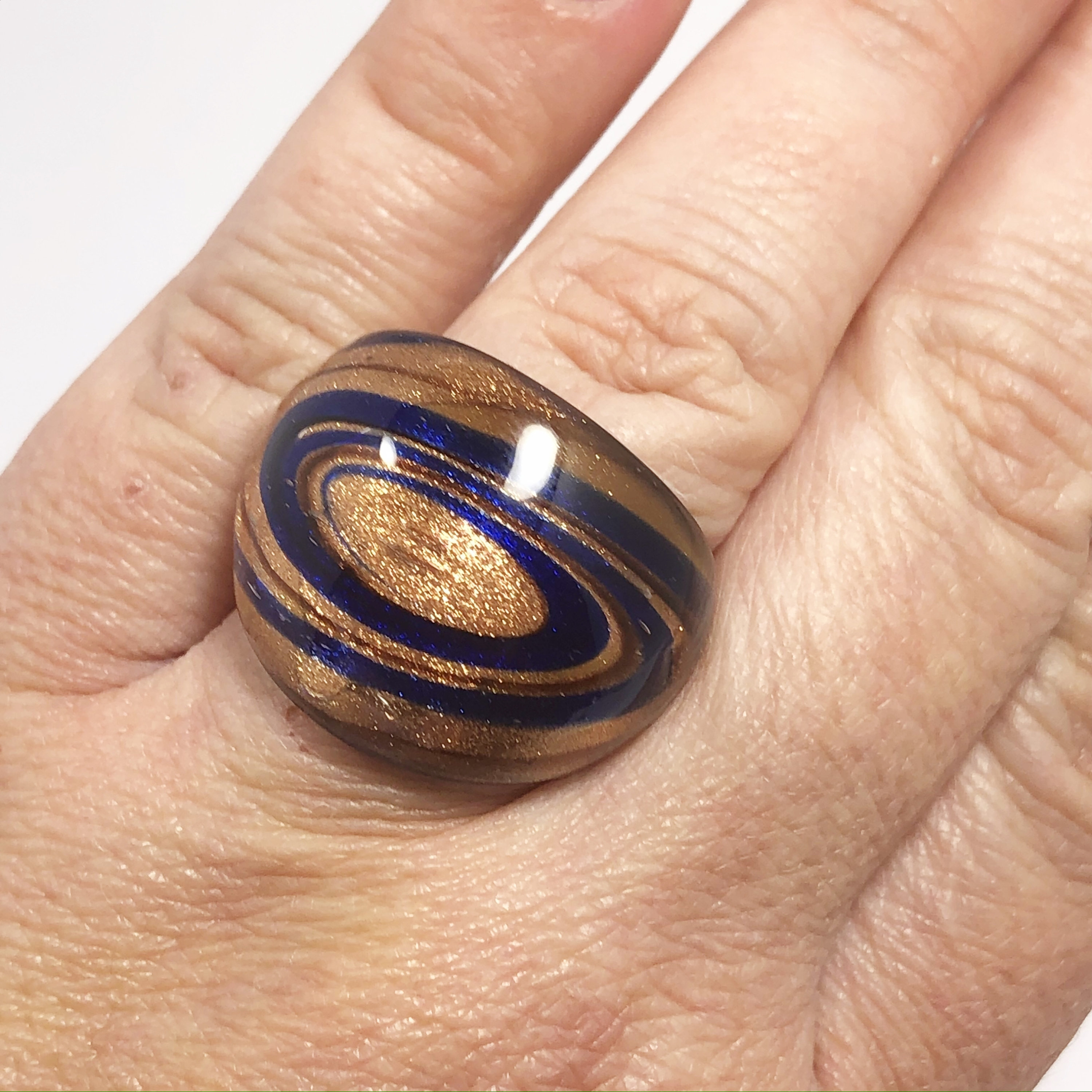 Royal Blue & Copper Swirl Glass Cocktail Ring Celestial Fused Glass ...