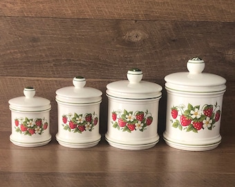 Retro Strawberry Fields Canisters Sears Roebuck Country Kitchen White Flowers & Berries Ceramic Cookie Jars Farmhouse Fruit Gifts - Set of 4