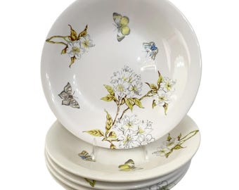 RARE Anthropologie "Butterfly Study" Stoneware Large 12" Serving Bowls Mix & Match White Floral China Big Pasta Dishes Discontinued Set of 5