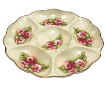 Vintage 13 1/2&quot; Divided Serving Platter Royal Bavaria Green Hand Painted Pink Flowers Porcelain 6 Part Section Serving Tray Candy Dish Gifts