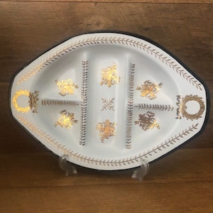 HOUZE ART Oval Divided Serving Tray Smoky Gray Glass Cocktail Party Platter Gold Detail Elegant White Relish Dish Farmhouse Style Gift Ideas