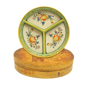 Década de 1920 Antiguo pintado a mano japonés Moriyama Mori Machi Verde & Amarillo Floral Porcelana Placa Redonda 3-Compartimiento Servir Bandeja en Caja de Madera