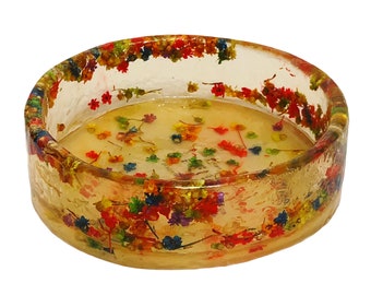 Vintage 7" Round Resin RONIT AKAVIA Floral Bowl Decorative Tray With Dried Multi Colored Wild Flowers Boho Nature Lovers Gift Made In Israel