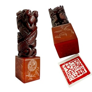 Vintage Chinese Carved Double Dragon Shou Shan Soap Stone Seal Stamp With Red Cinnabar Paste Fu Jian China Lucky Asian Feng Shui Gift Ideas