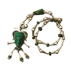 Vintage Mexican TAXCO Pendant Necklace Azurite Malachite & 925 Sterling Silver Aztec Warrior Large Carved Pendant Signed FMS Christmas Gifts