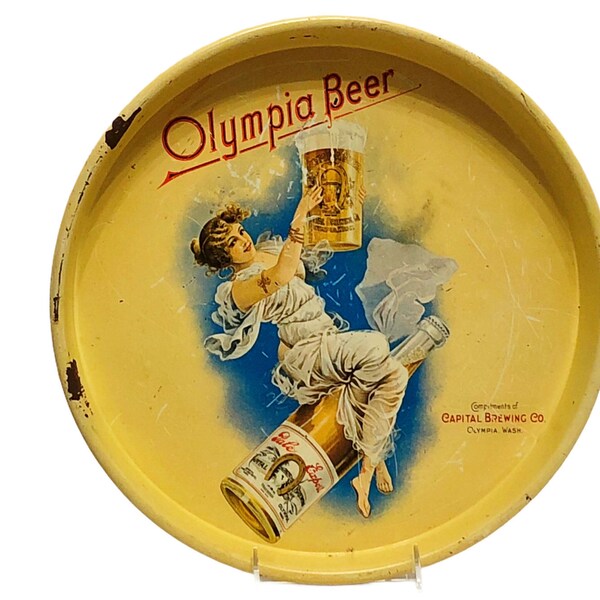 1972 Olympia Beer 13" Metal Serving Tray MCM Round Blue Yellow Restaurant Decor Lucky Horseshoes Gibson Girl Wall Hanging Vintage Bar Signs