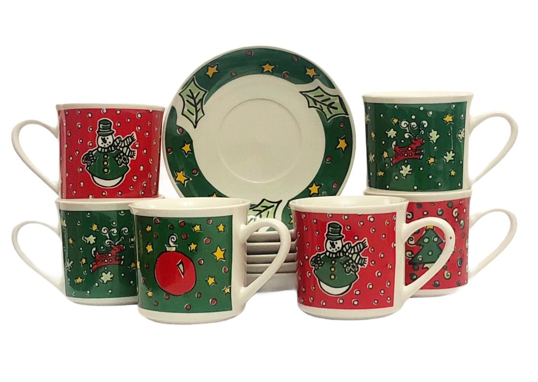 Buy Set of Festive Christmas Treasures GIBSON China Cups Saucers Red  Green Xmas Holiday Themed Porcelain Mugs Christmas Dinner Winter Drinks
