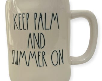 Rae Dunn "Keep Palm And Summer On" Large Designer Pink Hibiscus Coffee Mug White Ceramic Oversized Tea Cups Summer Lovers Teacher Gift Ideas