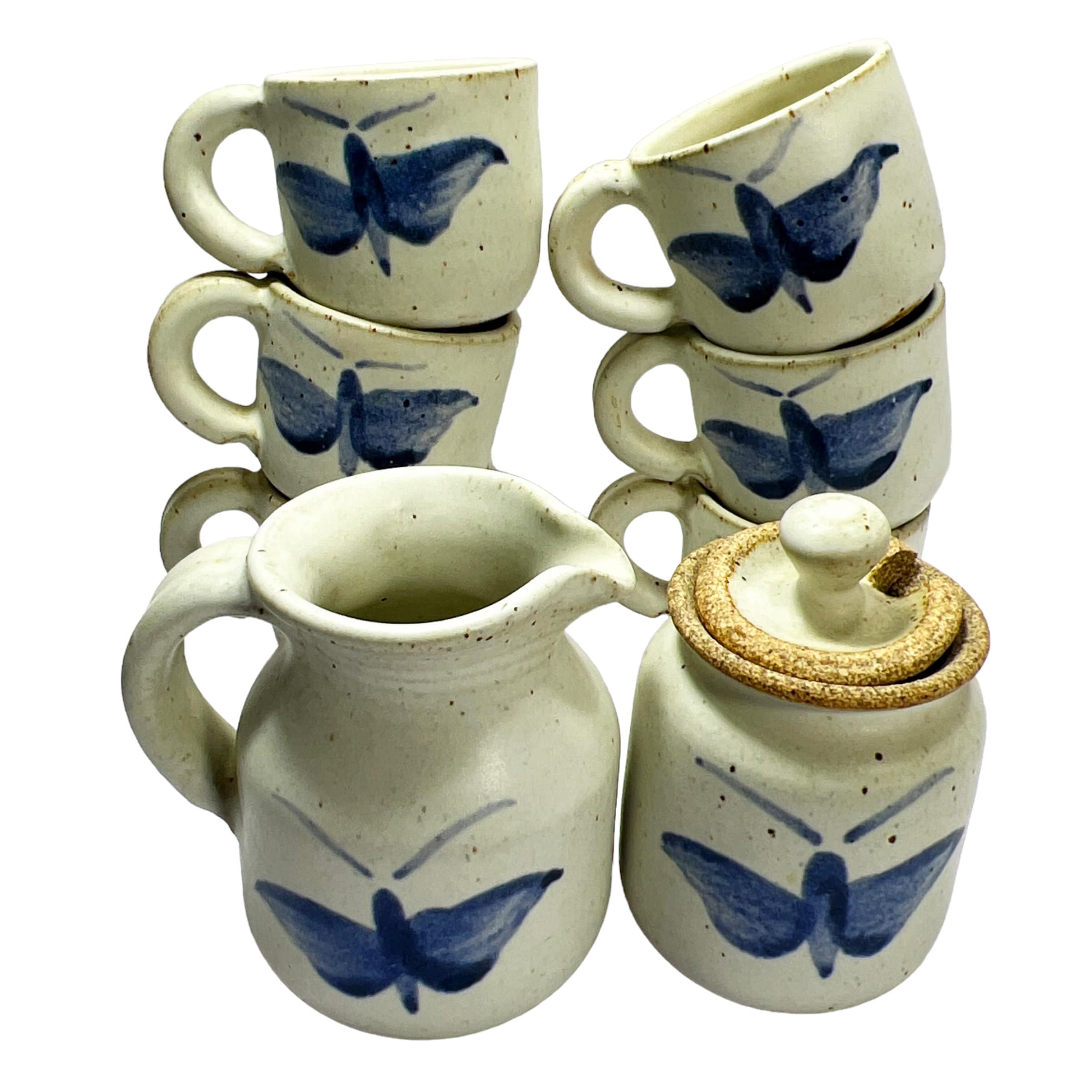 1960s 8 Piece Blue Butterfly Studio Pottery Espresso or Tea Set Farmhouse Stoneware - 6 Small Ceramic Cups, Covered Sugar & Creamer Pitcher