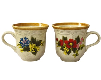 Set of 4 1970s Red & Blue Wildflower Coffee Mugs MIKASA Stoneware Tea Party Decor Cups Floral Garden Club Colorful Flower Teacups
