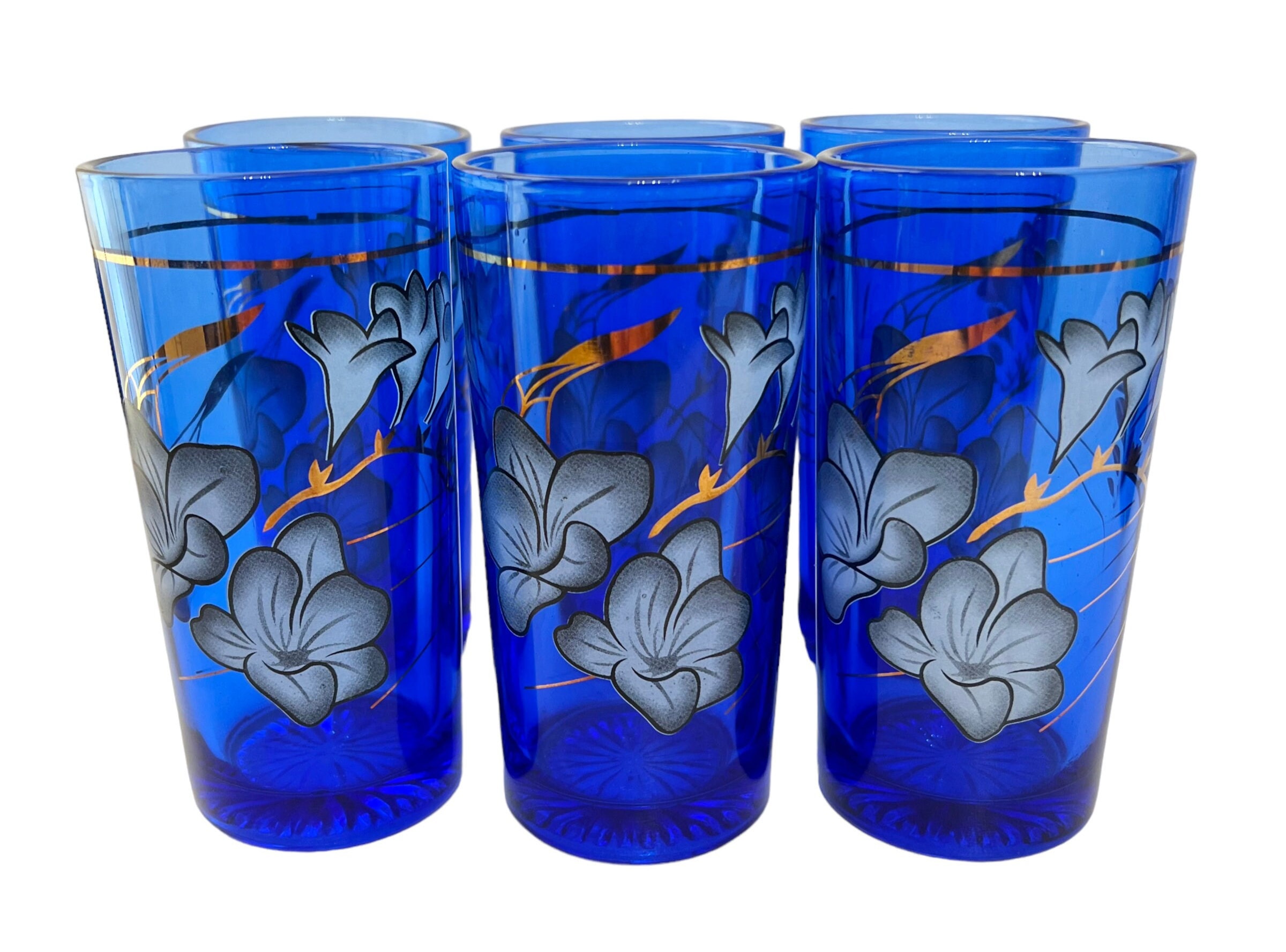 Vintage Set 3 Libby Blue Retro Floral Juice Drinking Glasses Boho Flower  Power