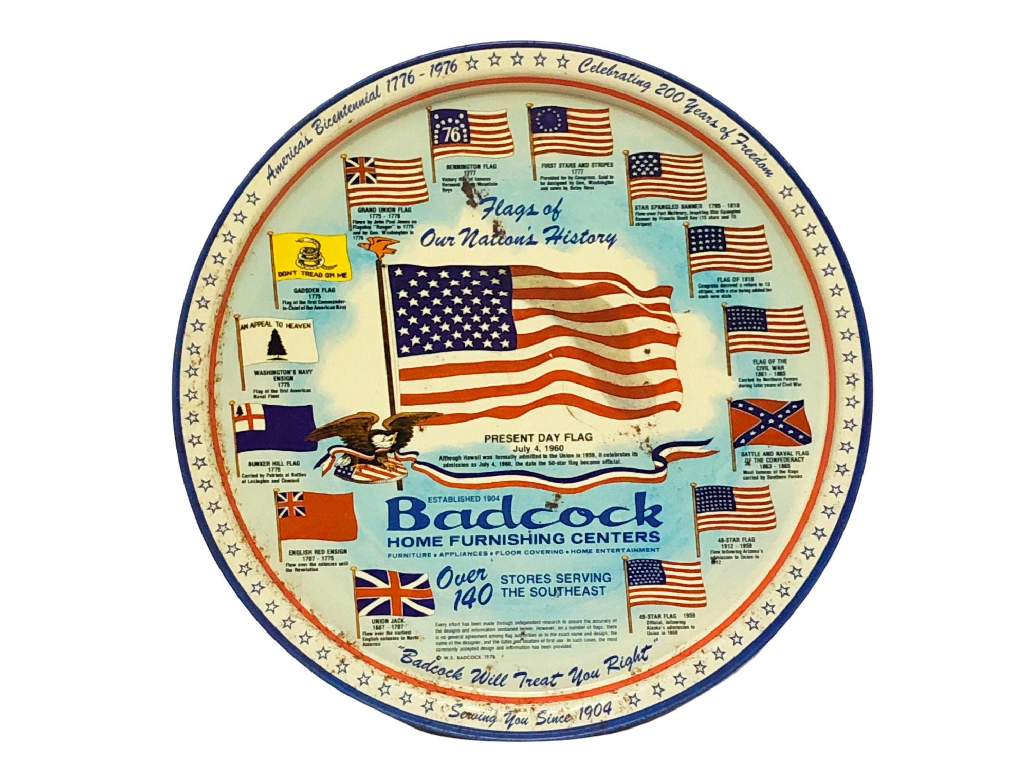 Vintage 1976 Round BADCOCK Tin Metal Flags of Our Nation's History 10\, image size:2000x1492