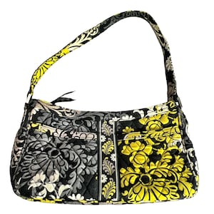 Vera Bradley Shoulder Bag Purse Retired BAROQUE Black Gray Yellow Flower Pattern Colorful Quilted Fabric Xmas Gifts For Wife And Daughter