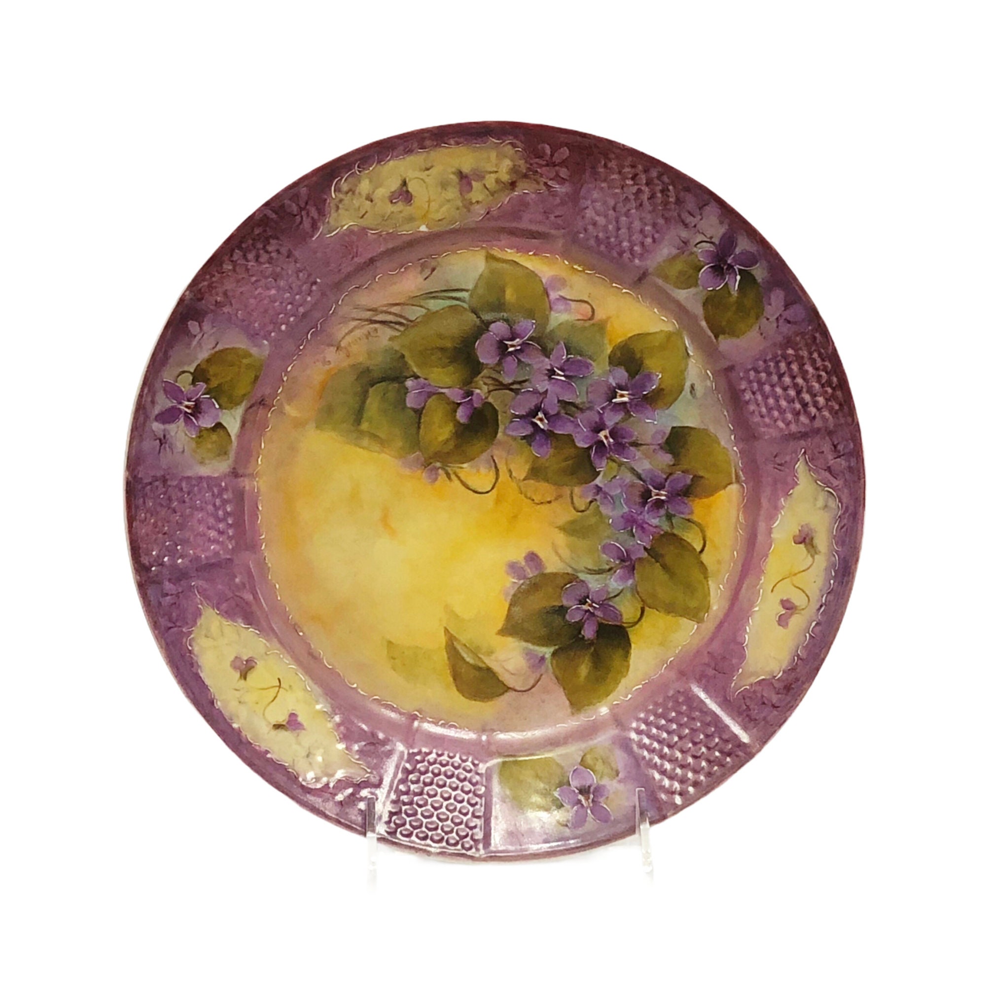 Vintage Hand Painted APULUM Fine China Plate Signed E. Murphy Purple Flowers Yellow Romania Decorative Wall Hanging Floral Design Gift Ideas