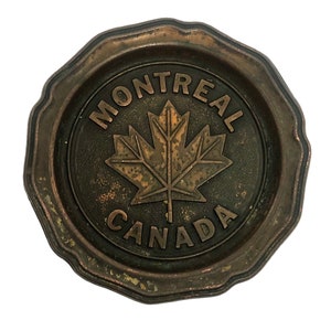 Set of 2 Heavy Bronze Montreal Canada Souvenir Coasters Century Metal Bar Drink Holders Vintage Canadian Hockey Lovers Barware Maple Leaves