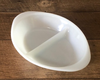 Mid Century GLASBAKE White Milk Glass Oval Divided Baking Dish Bridal Shower Gifts Vintage Casserole Dishes Glassbake Cookware Serving Tray