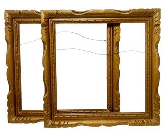 Mid Century 19"x19" Square Mexican Wood Frames Matching 1970s Gold Painted Chunky Carved Wooden Frames For 14"x14" Image Size - Set of 2