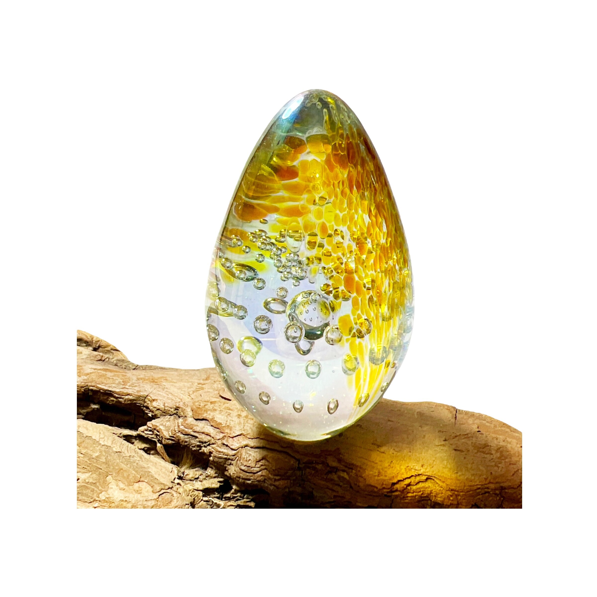 Collectible 1996 Glass Eye Studio Iridescent Dichroic Dragon Egg Glass Paperweight Signed GES Golden Yellow Rainbow Controlled Bubble Glass