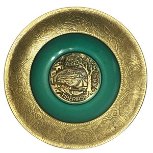 Mid Century 1950s TIBERIAS Gold Metal & Green Enamel Verdigris Wall Hanging Plate Vintage Judaica Art Israel Jewish Gifts Decorative Plates