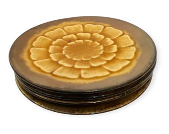 Set of 4 - Pier 1 Imports Earthenware AKITA 8" Salad Plates 1980s Golden Yellow Lotus Blossom Floral Design Lunch Stoneware Dessert Plates