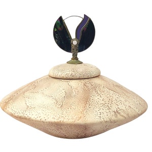 Vintage 80s Style Hand Painted Pottery Table Centerpiece Barbara Walker Seaman Florida Folk Art Stained Glass Finial Ceramic Bowl With Lid