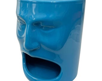 BIA Cordon Bleu Vintage Retired Bright Blue Face Ceramic Coffee Mug Fun Retro Tiki Style Tea Bag Holder Cup