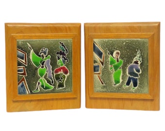 J. Warner PRINS Mid Century Bookends Solid Koring Blond Wood With Hand Painted & Signed Inlaid Ceramic Tiles American Impressionist Art Gift