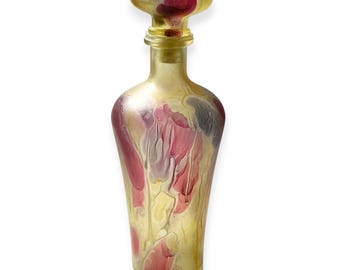 MCM Colorful Al-Rama Israel Decanter & Stopper 60s Hand Painted Art Glass Satin Finish Frosted Glass Pink Yellow Blue Acid Washed Watercolor