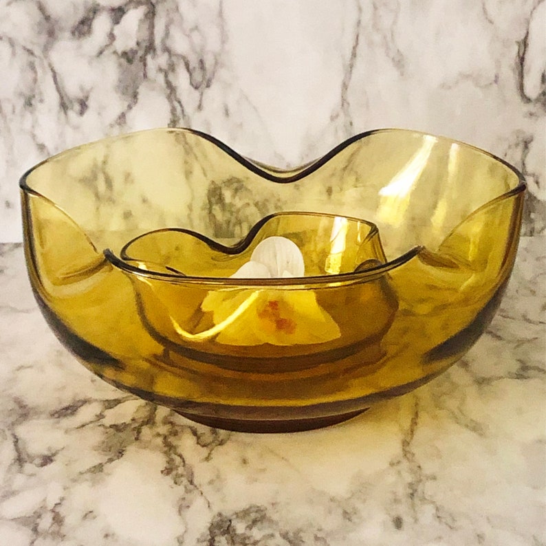 Glass Chip & Dip Bowl Set Anchor Hocking Wavy Amber Glass Etsy