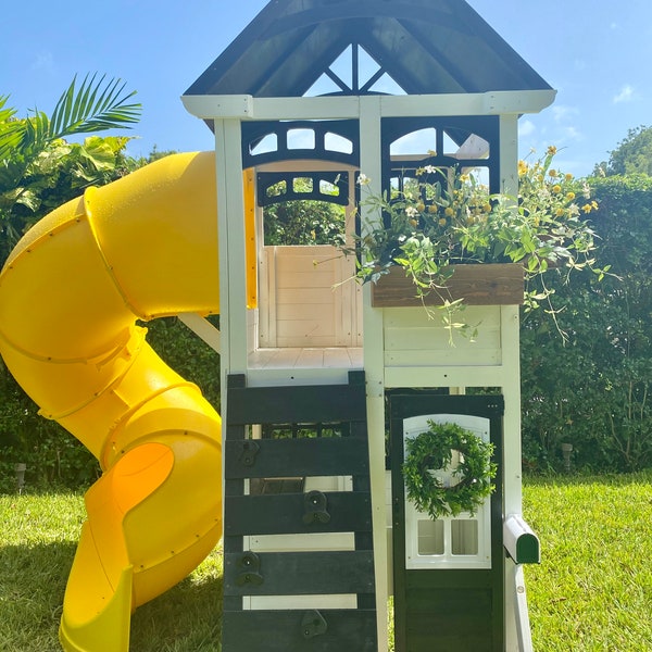 Farmhouse Style Outdoor Playhouse - Two Story with Slide