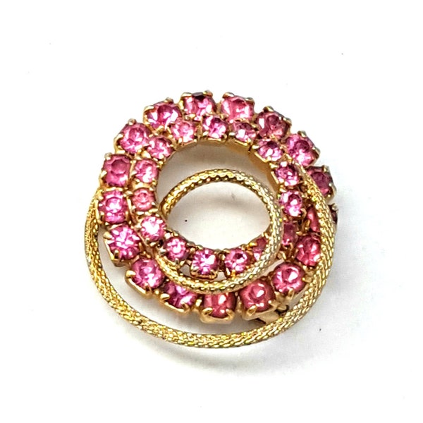 Vintage Pink Rhinestone and Textured Gold Metal Mid Century Brooch