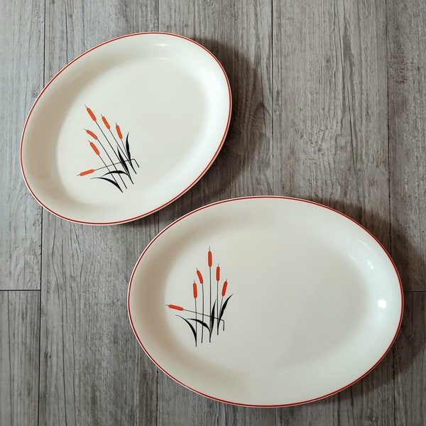 Vintage Universal Cambridge Pottery Red Cattail Pattern Oval Platters Sears & Roebuck Set of 2 Camwood Ivory