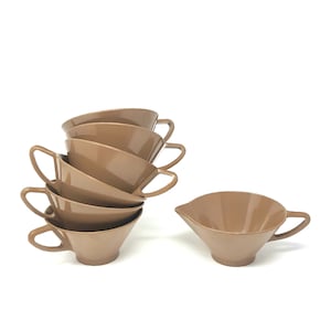Vintage Mid Century Modern Light Brown Melamine Tea Cups and Creamer Atomic Style Hairpin Handle Melmac