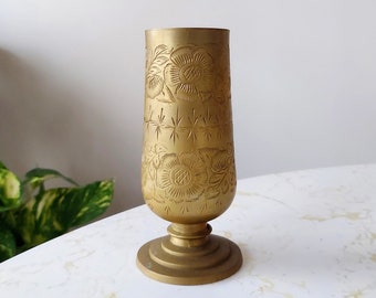 Vintage Floral Etched Brass Footed Vase Goblet Made in India