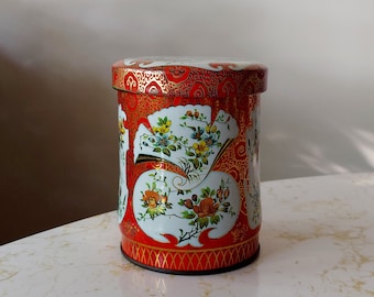 Vintage Daher England Asiatisches Blumenmotiv Orange Süßigkeiten Tee Cookie Blechdose