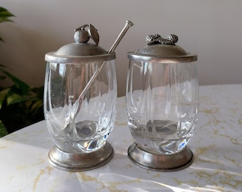 Vintage Pots de confiture de fruits en étain en verre avec cuillère Zinn 95%