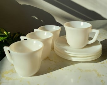Vintage 1940s Hazel Atlas Little Hostess White Platonite Teacup and Saucer Set of 4