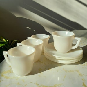 Vintage 1940s Hazel Atlas Little Hostess White Platonite Teacup and Saucer Set of 4
