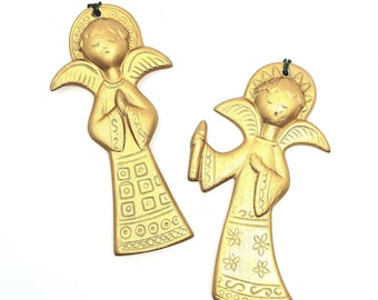 Vintage 70s Gold Chalkware Christmas Angel Ornaments Set of 2 Retro Christmas Tree