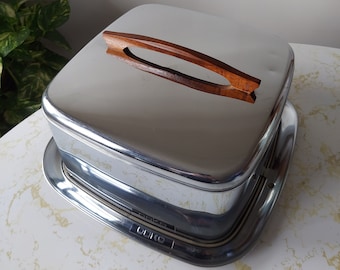 Vintage MCM Lincoln BeautyWare  Chrome and Teak Wood Cake Keeper Square Covered Carrying Tray Retro Kitchenware 1950s Hostess