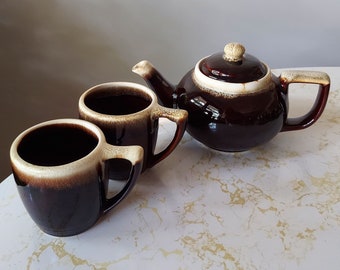 Vintage Pfaltzgraff Gourmet Royale Brown Drip Foam Glaze Teapot and Mugs