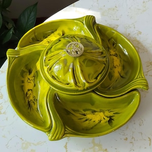 Vintage MCM California Pottery Lime Green and Yellow Drip Glaze Chip and Dip Snack Crudité Serving Set