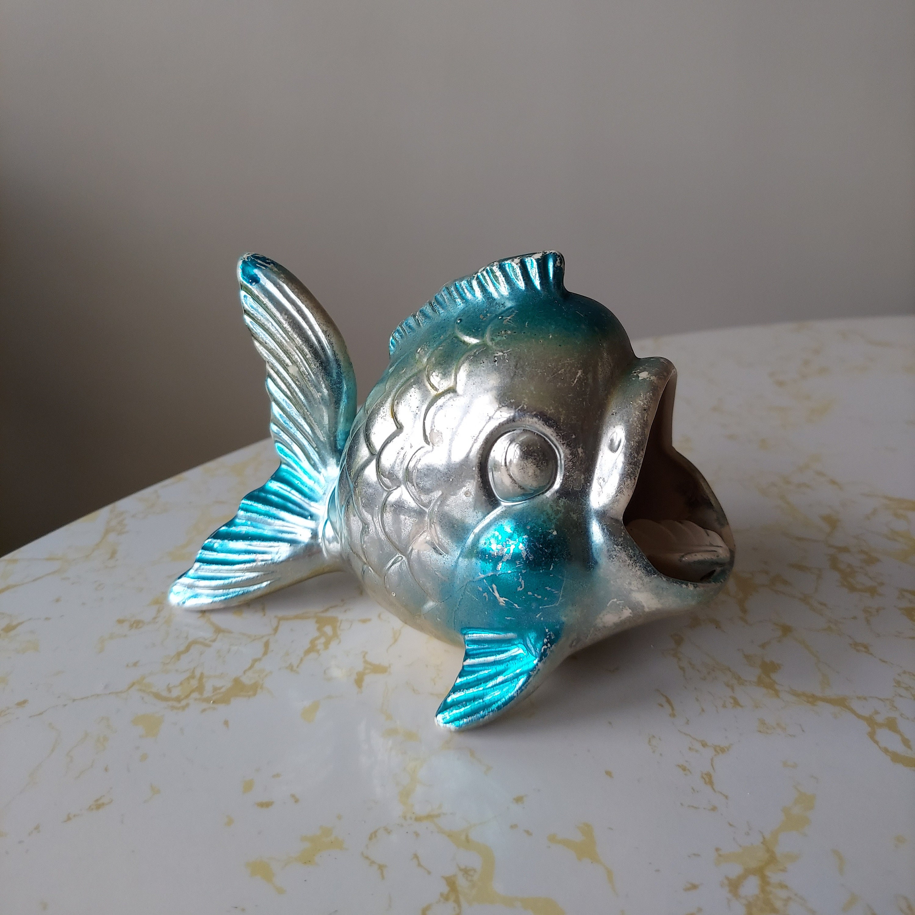 Vintage Iridescent Blue Silver Gold Ceramic Fish Ashtray 1950s