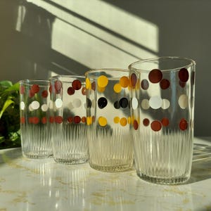 Vintage Hazel Atlas 309 Polka Dot 1/2 Pint Sauerrahm Gläser Gelb / Schwarz Braun / Weiß 4er Set