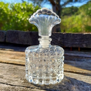 Vintage Clear Glass Waffle Faceted Perfume Bottle with Scallop Stopper Chateaucore Vanity Bedroom Decor