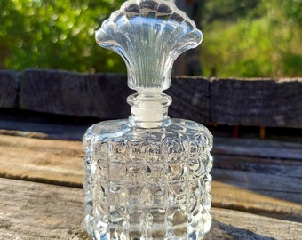 Vintage Clear Glass Waffle Faceted Perfume Bottle with Scallop Stopper Chateaucore Vanity Bedroom Decor
