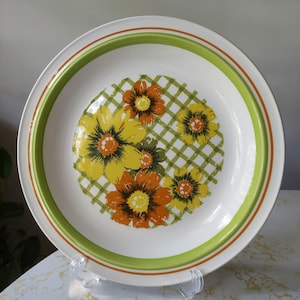 Vintage 1970s Nikko Ironstone CrissCross 12&quot; Chop Plate Round Platter Orange Floral Green Trellis Pattern Made in Japan